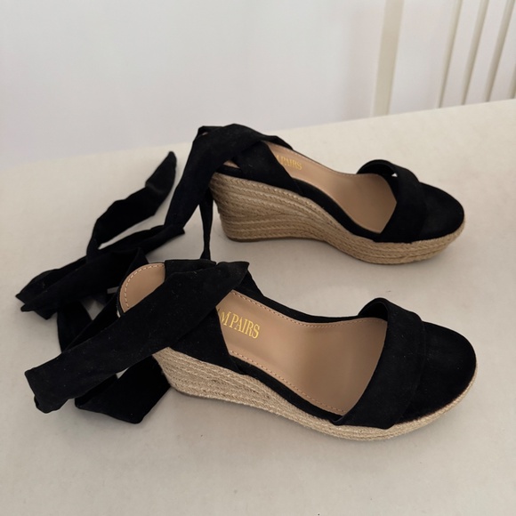 Black Espadrilles Ankle ribbon Tie Lace Up Platform Wedges sz 7 high heel shoes - Picture 10 of 13